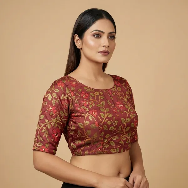 Brown_Cotton_Printed_Fancy_Readymade_Blouse_For_Women