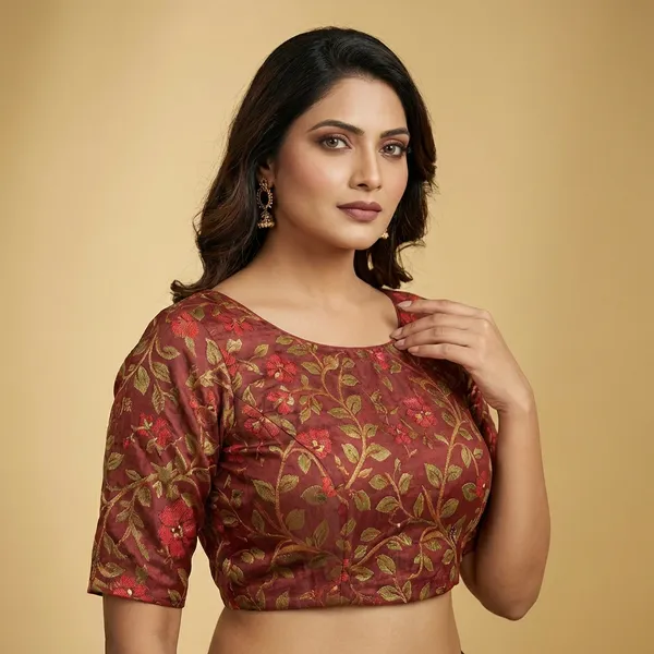 Brown_Cotton_Printed_Fancy_Readymade_Blouse_For_Women