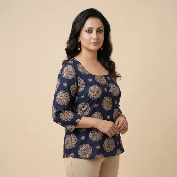 Blue_Printed_Kurti_With_Backside_Knot_For_Women