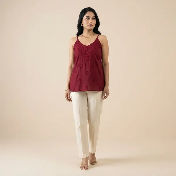 Maroon_Sleeveless_Lucknowi_Short_Kurti_For_Women