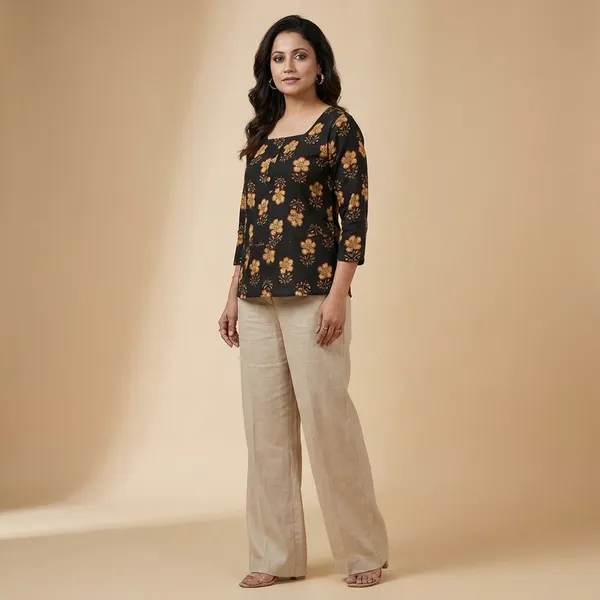 Black_Flowered_Cotton_Short_Kurti_For_Women