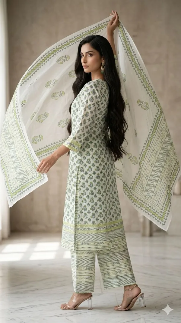 White_Green_Printed_Cotton_Kurta_Set