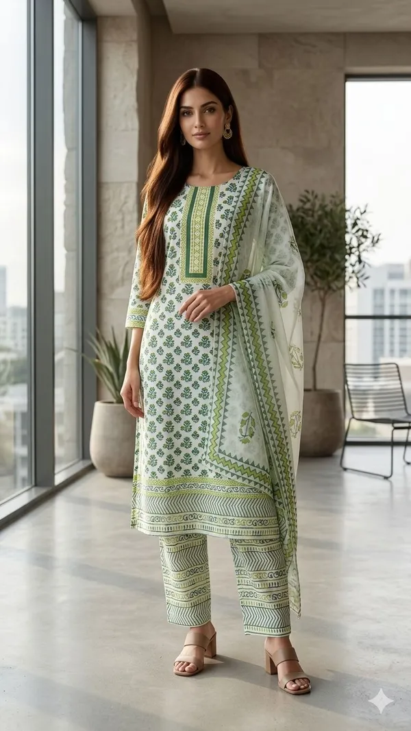 White_Green_Printed_Cotton_Kurta_Set