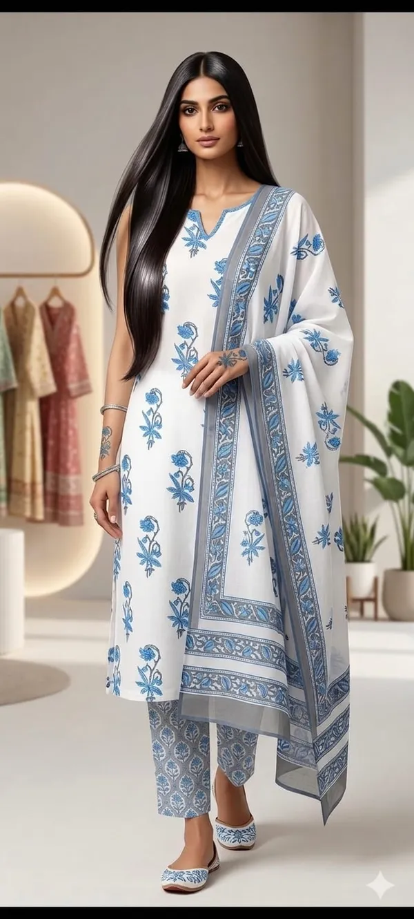 White_&_Blue_Printed_Cotton_Kurta_Set_