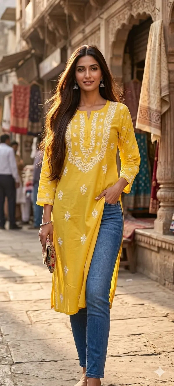 Yellow_Cotton_Lucknowi_Kurti