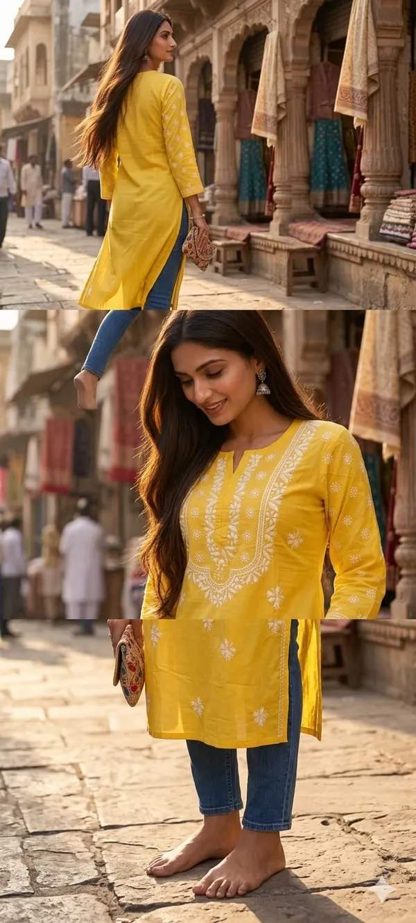 Yellow_Cotton_Lucknowi_Kurti