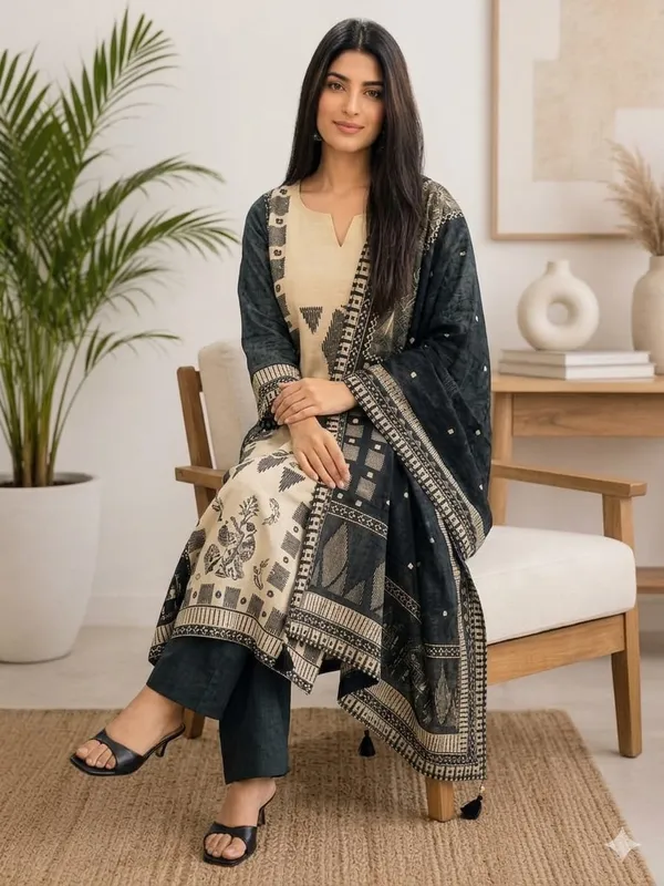 Black_&_Cream__Khaadi_Cottan_Kurta_Pant_Set_