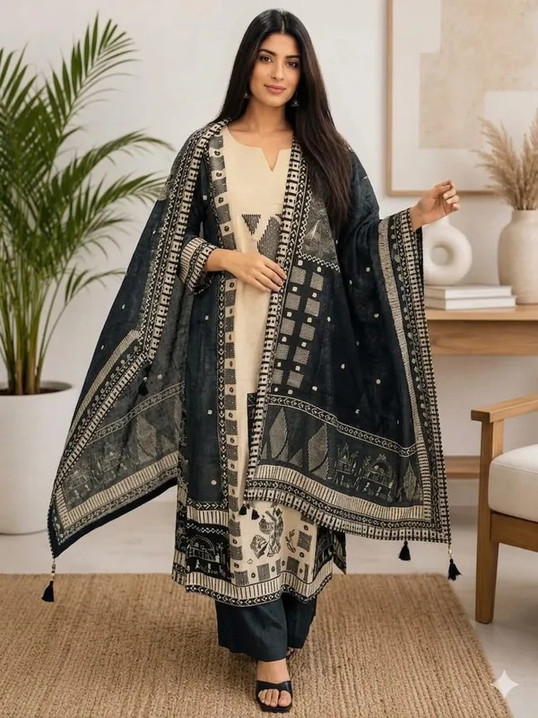 Black_&_Cream__Khaadi_Cottan_Kurta_Pant_Set_