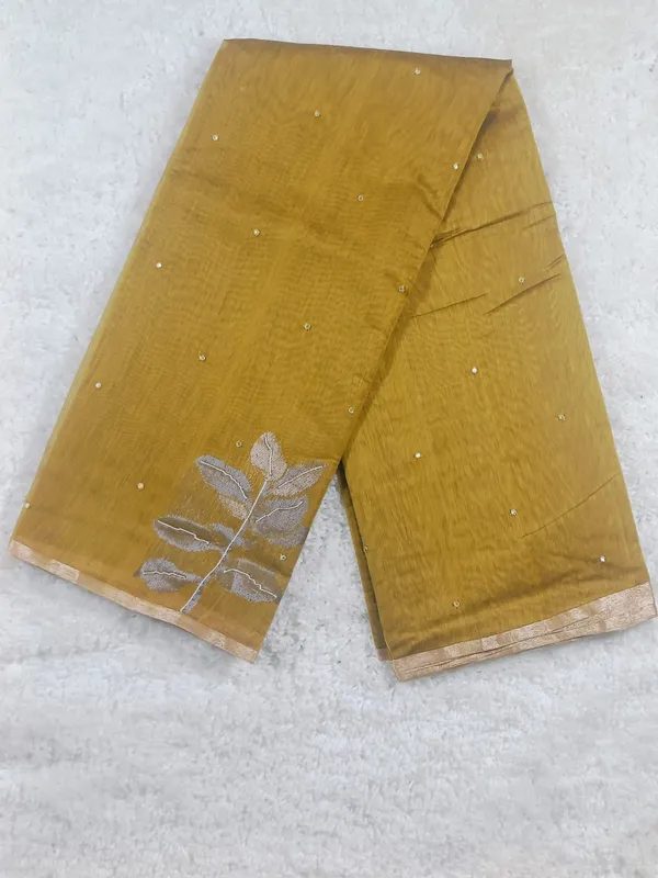 Elegant_Mustard_Moonga_Silk_Handwork_Saree_With_Silver_Zari