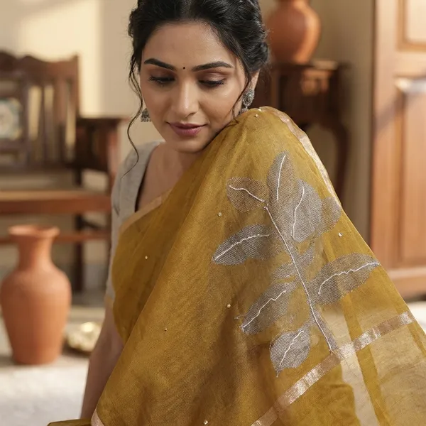 Elegant_Mustard_Moonga_Silk_Handwork_Saree_With_Silver_Zari