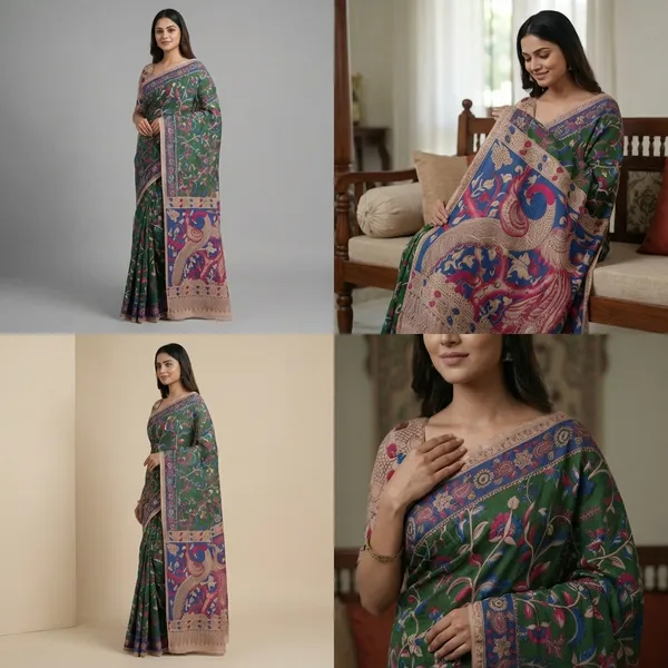 Elegant_Green_Kalamkari_Printed_Saree_With_Artistic_Border