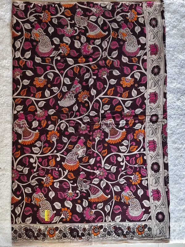 Elegant_Brown_And_Pink_Kalamkari_Cotton_Saree_With_Peacock_Motifs