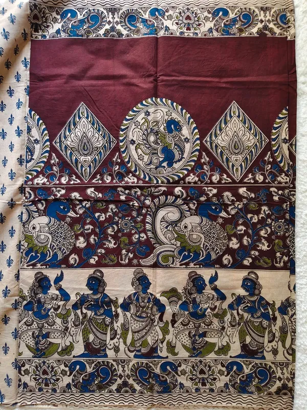 Royal_Blue_And_Maroon_Kalamkari_Cotton_Saree_With_Mythological_Art