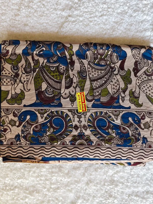Royal_Blue_And_Maroon_Kalamkari_Cotton_Saree_With_Mythological_Art