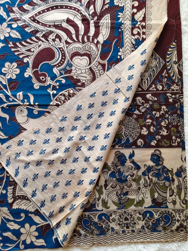 Royal_Blue_And_Maroon_Kalamkari_Cotton_Saree_With_Mythological_Art