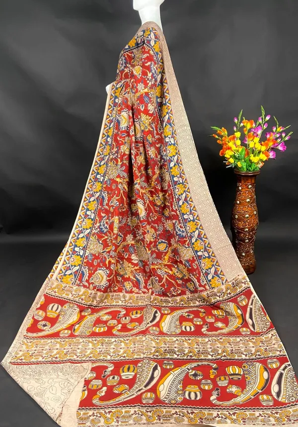 Traditional_Red_Kalamkari_Cotton_Saree_With_Artistic_Temple_Border
