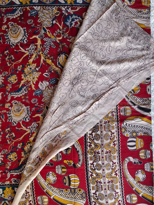 Traditional_Red_Kalamkari_Cotton_Saree_With_Artistic_Temple_Border