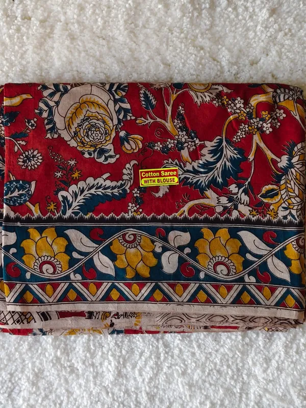 Traditional_Red_Kalamkari_Cotton_Saree_With_Artistic_Temple_Border