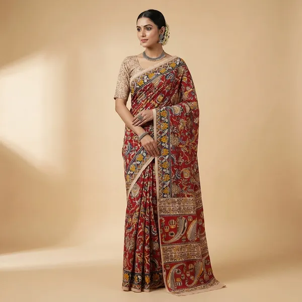 Traditional_Red_Kalamkari_Cotton_Saree_With_Artistic_Temple_Border