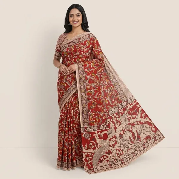 Elegant_Red_Kalamkari_Cotton_Saree_With_Majestic_Bird_Pallu