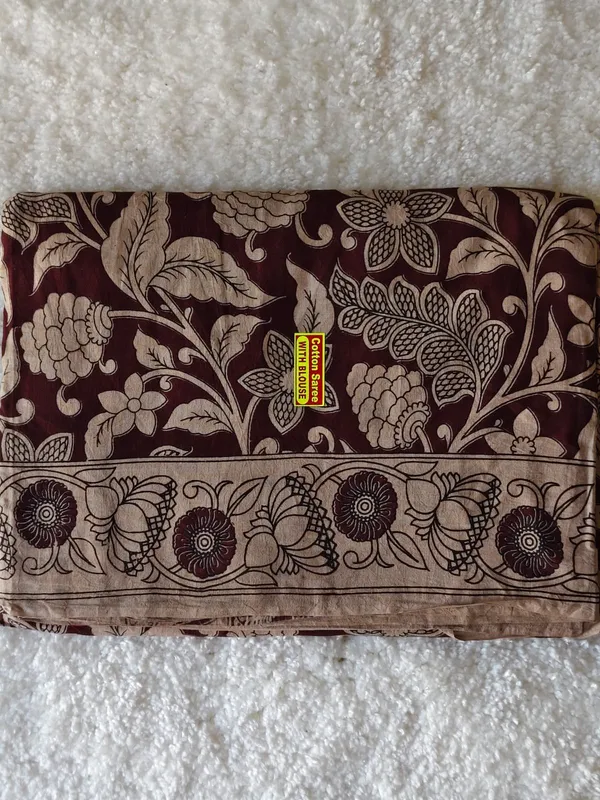 Maroon_Kalamkari_Printed_Saree_With_Traditional_Border_And_Floral_Design