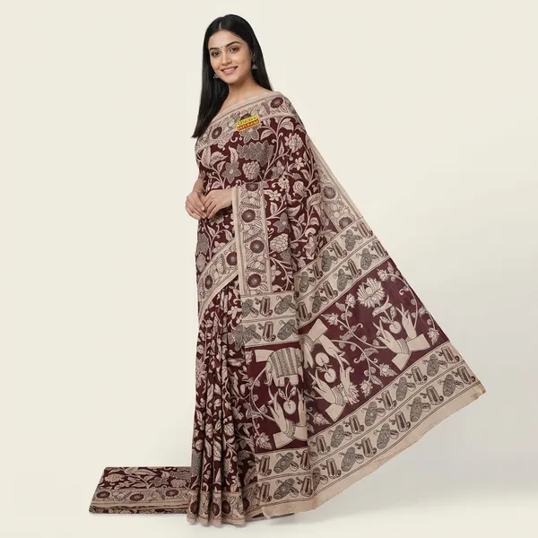 Maroon_Kalamkari_Printed_Saree_With_Traditional_Border_And_Floral_Design