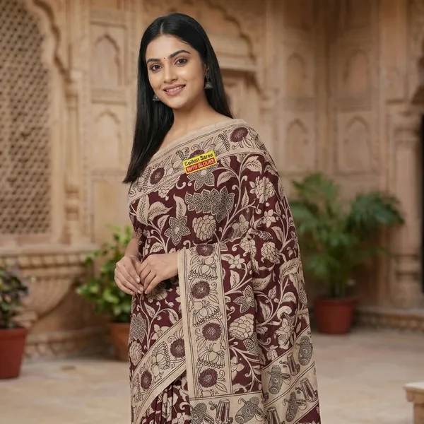 Maroon_Kalamkari_Printed_Saree_With_Traditional_Border_And_Floral_Design