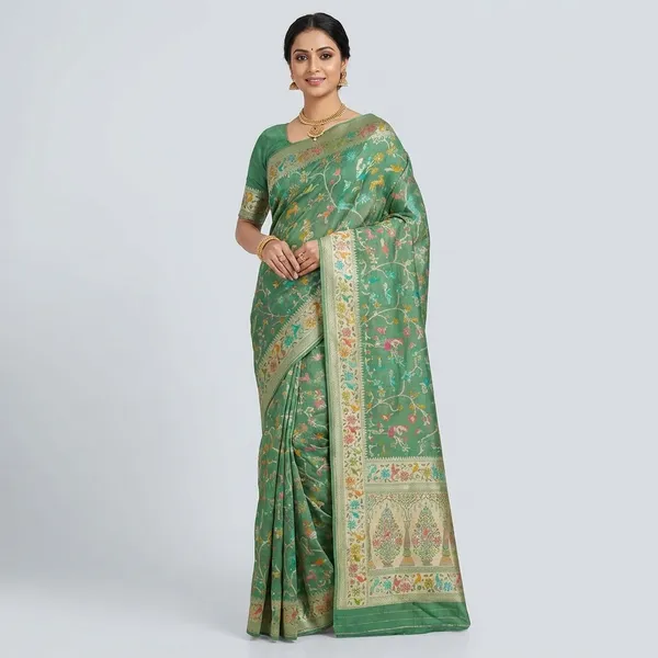 Elegant_Green_Banarasi_Art_Saree_With_Multicolor_Woven_Motifs