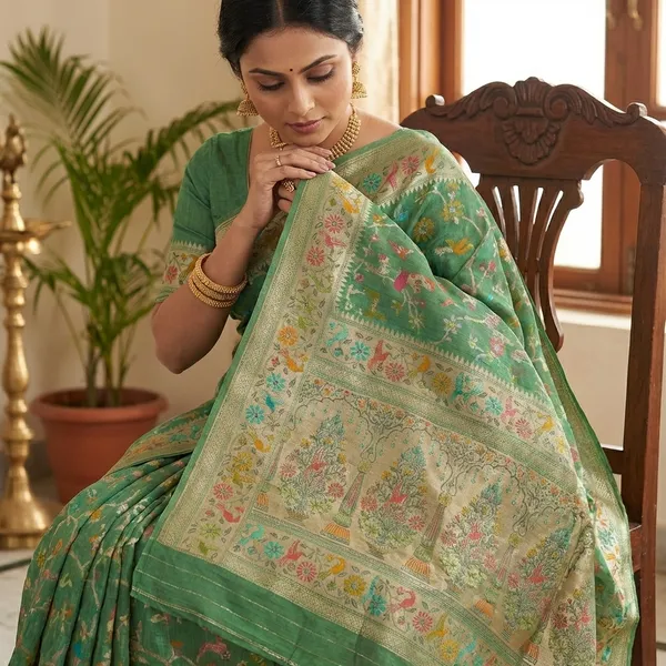 Elegant_Green_Banarasi_Art_Saree_With_Multicolor_Woven_Motifs