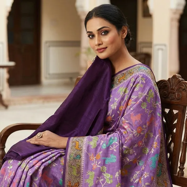 Royal_Purple_Banarasi_Art_Saree_With_Multicolour_Floral_And_Animal_Weaving