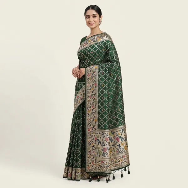 Elegant_Dark_Green_Banarasi_Silk_Saree_With_Floral_Jl_Border_And_Intricate_Zari_Weaving