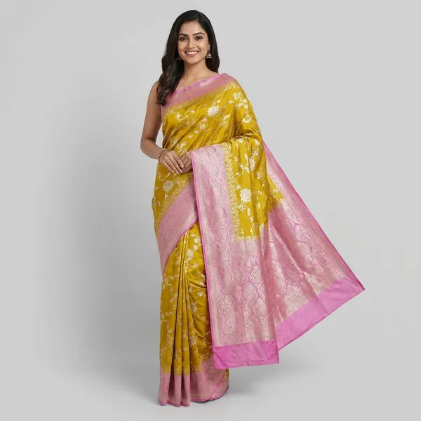 Olive_Green_And_Solid_Rani_Pink_Handloom_Silk_Saree
