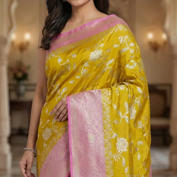 Olive_Green_And_Solid_Rani_Pink_Handloom_Silk_Saree