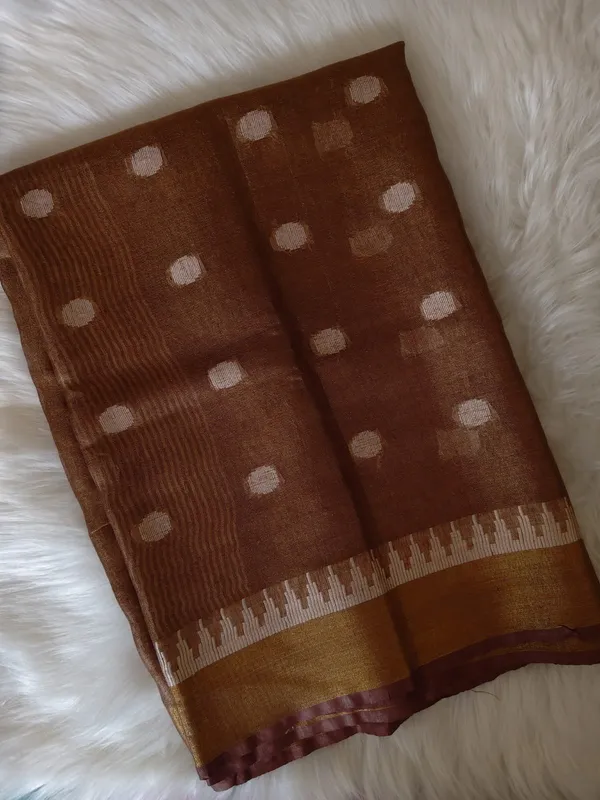 Elegant_Brown_Linen_Tissue_Saree_With_Polka_Butta_Design