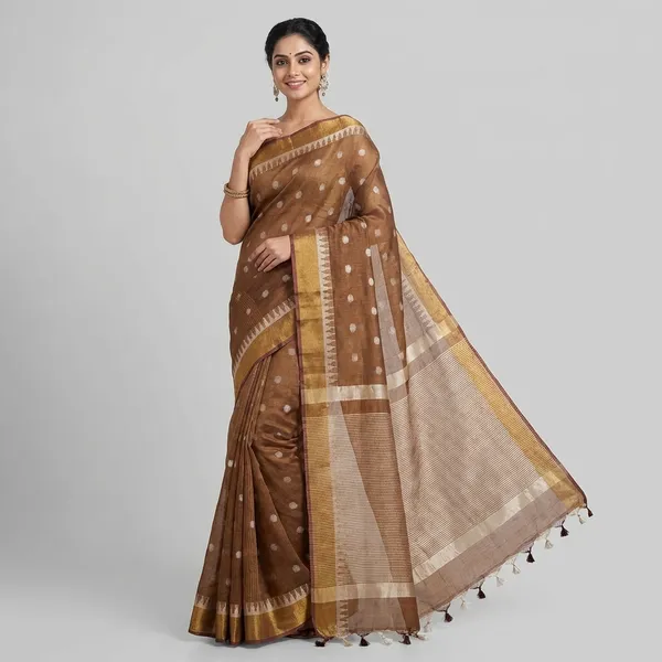 Elegant_Brown_Linen_Tissue_Saree_With_Polka_Butta_Design