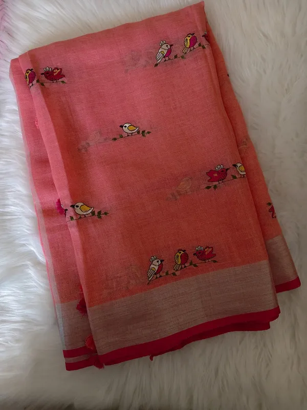 Pure_Linen_Handwork_Saree_With_Bird_Motif_Embroidery
