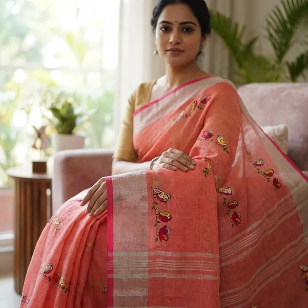 Pure_Linen_Handwork_Saree_With_Bird_Motif_Embroidery