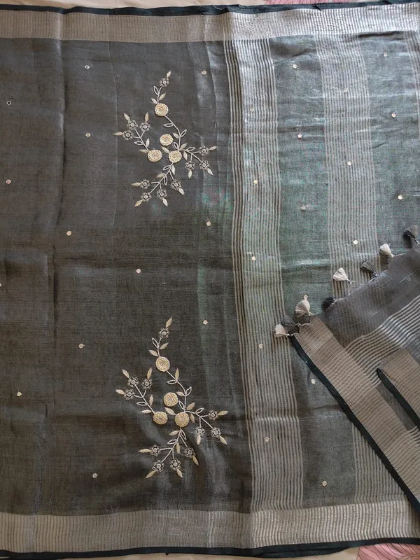 Elegant_Grey_Linen_Tissue_Saree_With_Floral_Handwork_Motifs