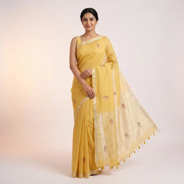 Pure_Organic_Linen_Handwork_Saree_In_Mustard_Yellow