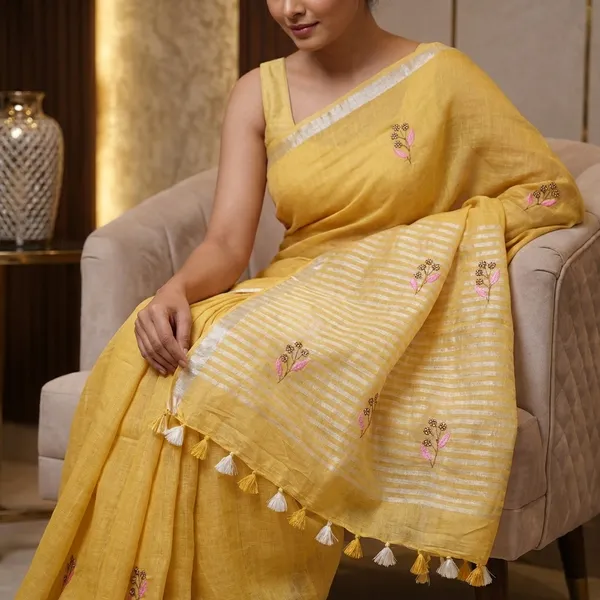 Pure_Organic_Linen_Handwork_Saree_In_Mustard_Yellow
