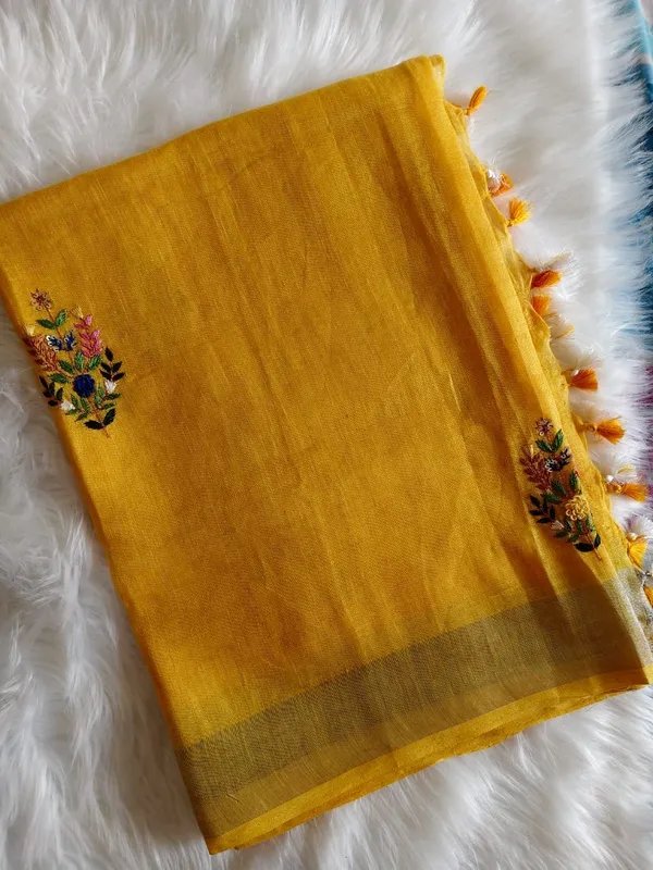 Pure_Linen_Mustard_Yellow_Saree_With_Exquisite_Hand_Embroidery_And_Silver_Zari_Border