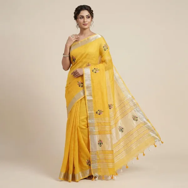 Pure_Linen_Mustard_Yellow_Saree_With_Exquisite_Hand_Embroidery_And_Silver_Zari_Border