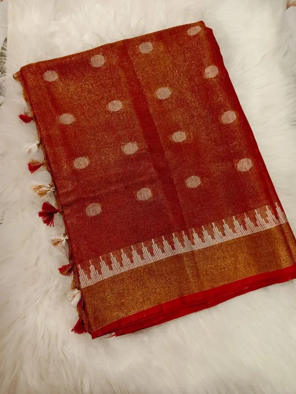 Elegant_Pure_Linen_Tissue_Saree_–_Copper_Brown_With_Silver_Zari_Accents