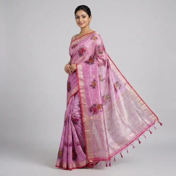 Rose_Pink_Kota_Doria_Cotton_Silk_Saree_With_Floral_Print_And_Zari_Border_For_Women
