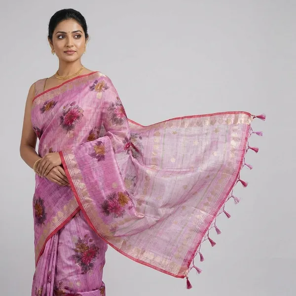 Rose_Pink_Kota_Doria_Cotton_Silk_Saree_With_Floral_Print_And_Zari_Border_For_Women