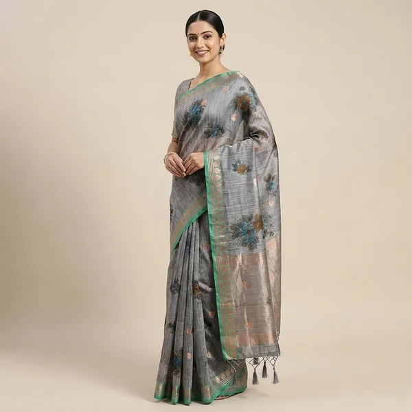 Steel_Grey_Kota_Doria_Cotton_Silk_Saree_With_Floral_Print_And_Contrast_Zari_Border_For_Women