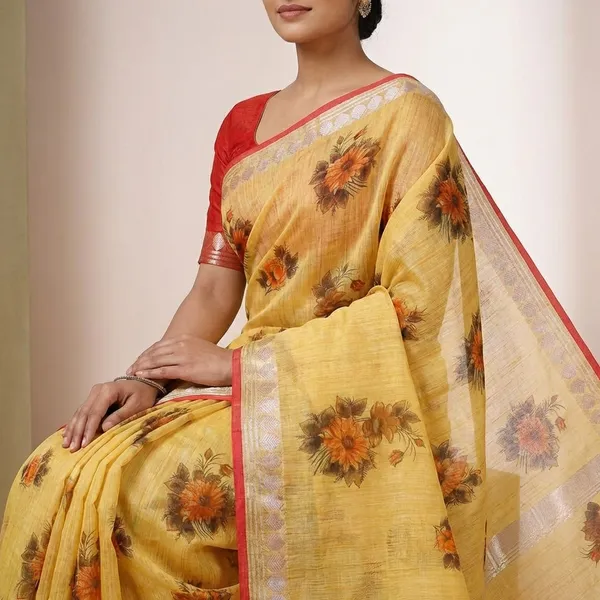 Mustard_Yellow_Kota_Doria_Cotton_Silk_Saree_With_Floral_Print_And_Contrast_Border_For_Women