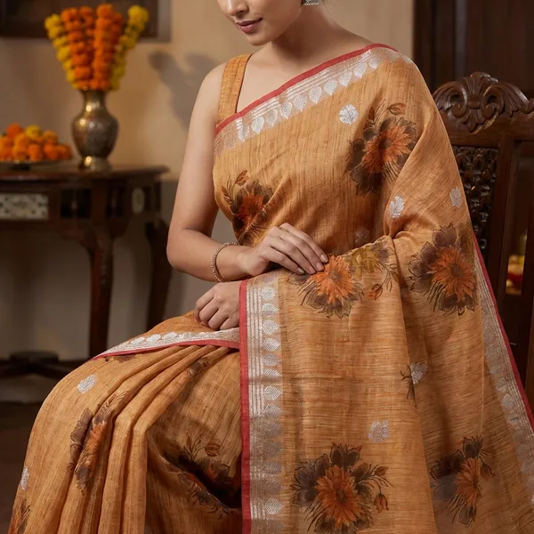 Mustard_Beige_Kota_Doria_Cotton_Silk_Saree_With_Floral_Print_And_Zari_Border_For_Women