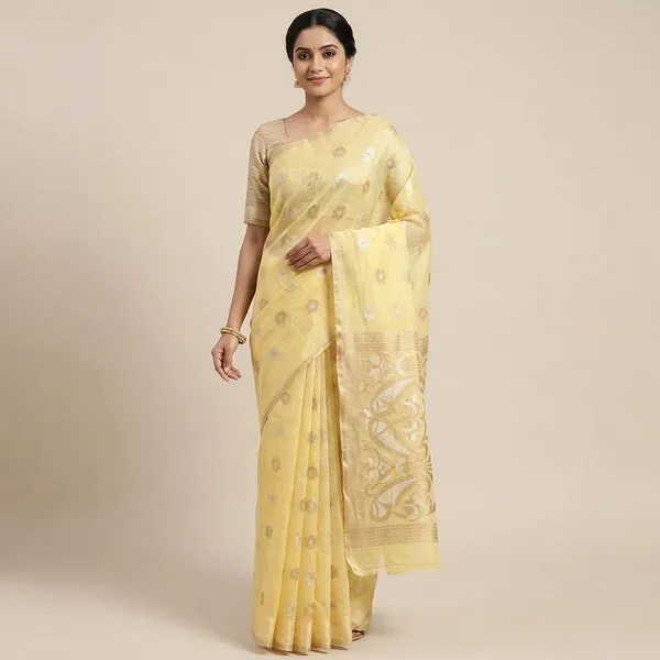 Yellow_Kota_Silk_Saree_With_Delicate_Floral_Woven_Motifs_For_Women