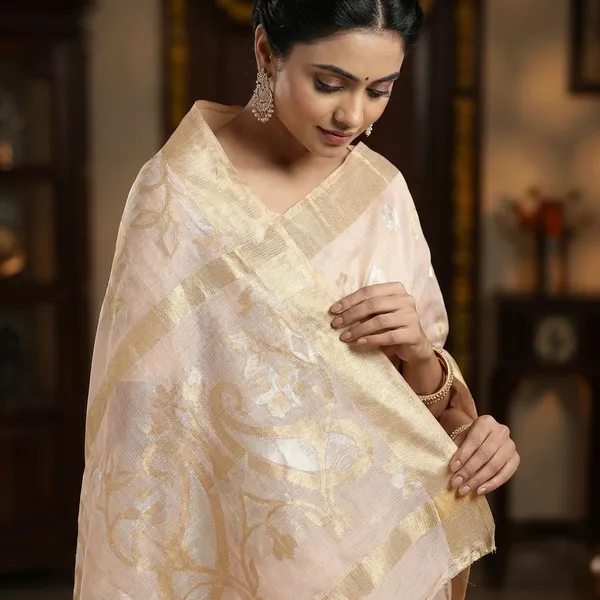 Cream_Kota_Silk_Saree_With_Delicate_Floral_Woven_Motifs_For_Women